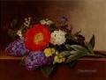 Lilacs Violets Pansies Hawthorn Cuttings And Peonies On A Marble Ledge Johan Laurentz Jensen flower